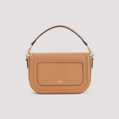 Valentino Garavani Almond Beige Calf Leather Alltime Shoulder Bag In Brown