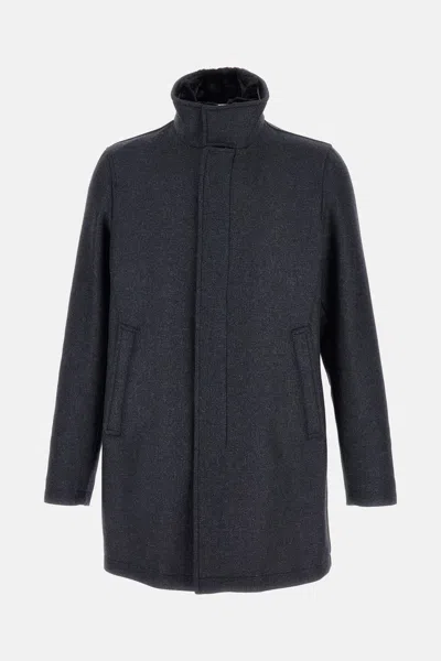 Herno High Neck Grey Wool Coat With Zip And Button Fastening In Gray
