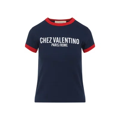 Valentino Crew Neck Cotton T-shirt With Contrast Trim In Blue