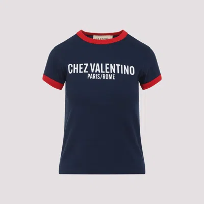 Valentino Crew Neck Cotton T-shirt With Contrast Trim In Blue