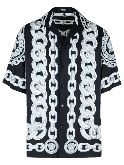 Versace Black And White Bowling Shirt With Cuban Collar And All-over Chain-link Print In Silk Man In Black