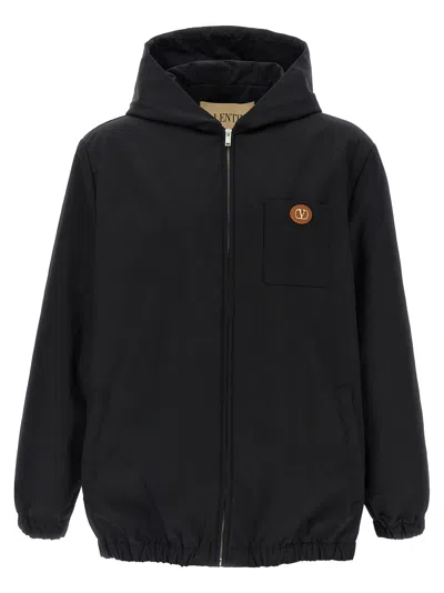 Valentino Garavani Nylon Hooded Jacket With Drawstring In Black