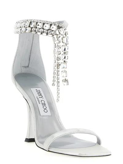 Jimmy Choo 'crystal' Metallic Sandals With Rhinestoned Ankle Strap And High Curved Heel