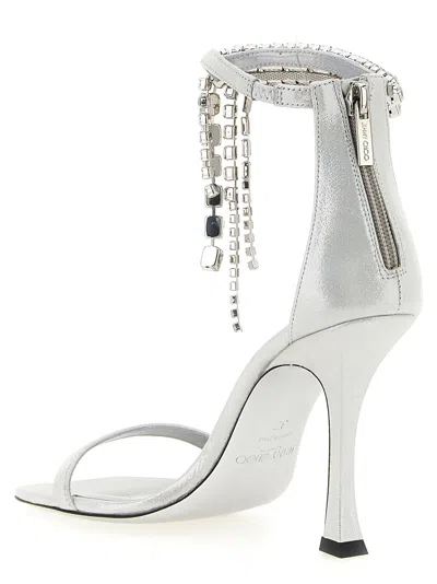 Jimmy Choo 'crystal' Metallic Sandals With Rhinestoned Ankle Strap And High Curved Heel