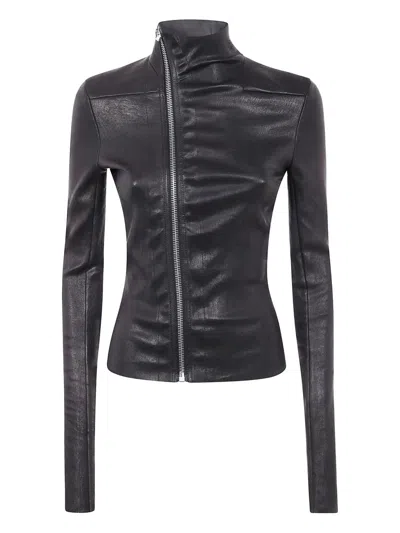Rick Owens Asymmetric Black Stretch Leather Jacket In Black