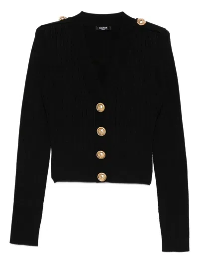 Balmain Black Ribbed Cardigan With Shoulder Pads And Logoed Metal Buttons In Black