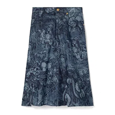 Tory Burch Printed Deconstructed Denim Skirt In Multi