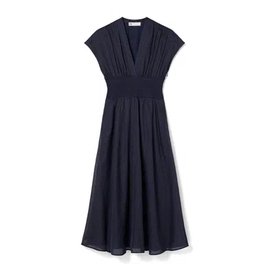 Tory Burch Cotton Stripe Shirred-waist Midi Dress In Blue