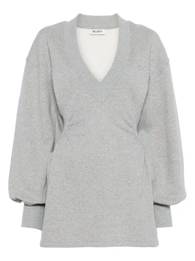 Attico Grey Mini Dress With V Neck And Logo Lettering On The Front In Gray