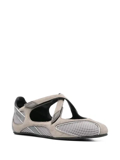 Attico Nomad Grey Ballet Shoes With Criss-crossed Straps And Mesh Panels In Tech Fabric And Suede Woman In Gray