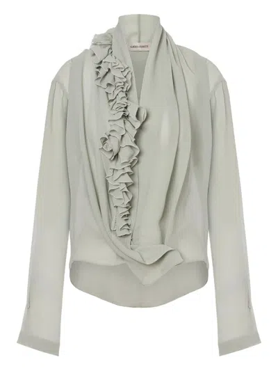 Alberta Ferretti Loose-fitting Grey Shirt With Ruffled Trim In Gray