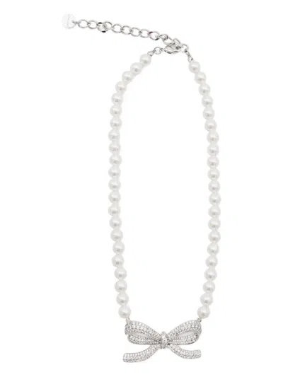 Self-portrait Lustrous Pearl Necklace With Bow-shaped Pendant In Metallic