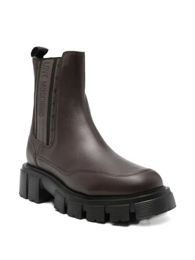 Love Moschino Brown Calfskin Ankle Boots  In Brown