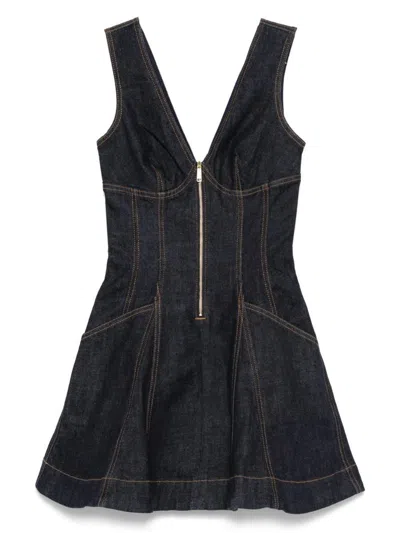 Self-portrait Dark Denim Mini Dress With Deep V-neckline In Black
