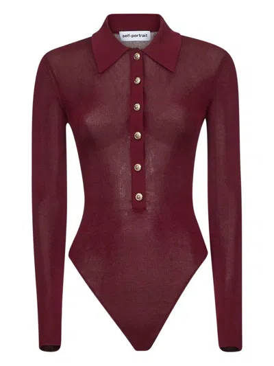 Self-portrait Bordeaux Viscose Bodysuit With Classic Collar In Burgundy