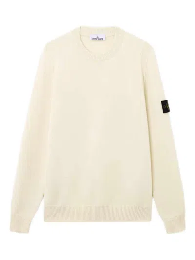 Stone Island Crew Neck Wool Sweater With Reverse Stitch Details In White