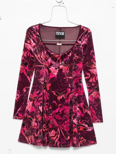 Versace Jeans Couture Red Baroque-print Long-sleeve Mini Dress In Burgundy
