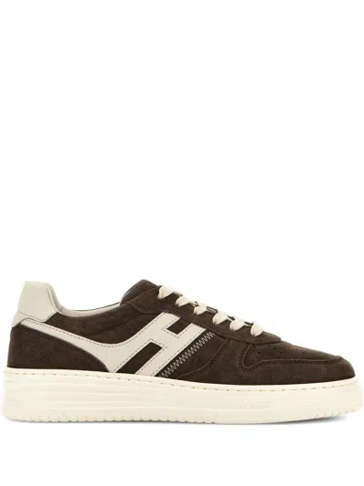 Hogan Leather Sneakers With Suede Finish And Rubber Sole In Brown