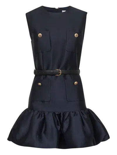 Self-portrait Crew Neck Taffeta Mini Dress With Ruffled Hem In Blue