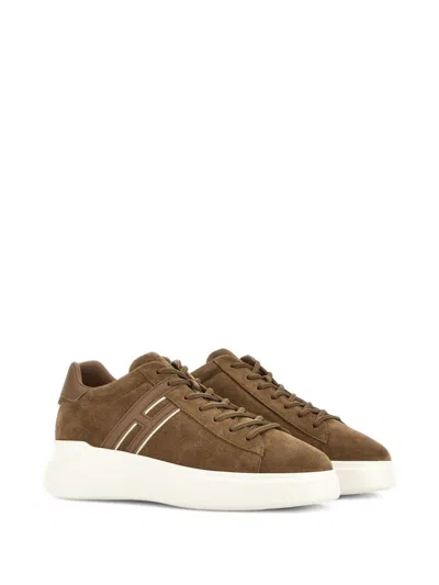 Hogan Earth Brown Leather Sneakers With Memory Foam Insole And Appliqué Logo In Brown
