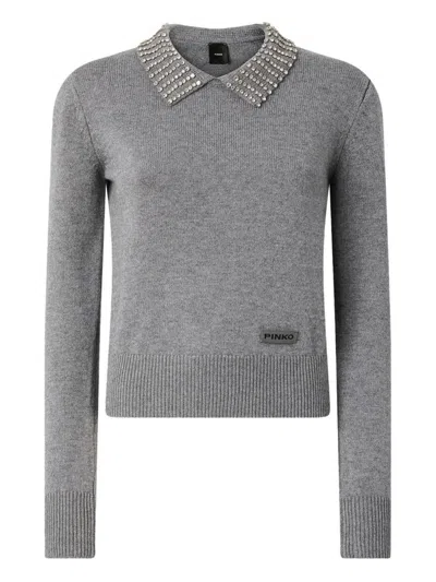 Pinko Sweater With Collar And Rhinestones In Gray