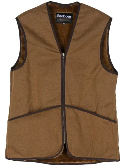 Barbour Sleeveless Tailored Jacket With Textured Fabric And Contrasting Trim In Brown
