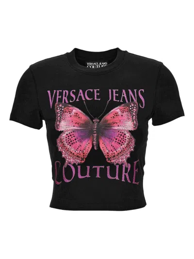 Versace Jeans Couture Black Cotton Crew-neck T-shirt With Print In Black