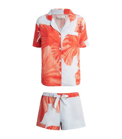 Desmond & Dempsey Linen Hibiscus Short Pyjama Set In Gray