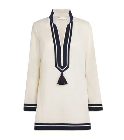 Tory Burch White Caftan With Contrasting Details And Tassel In Neutral