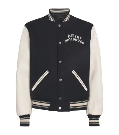 Amiri Mens Hollywood Embroidered-text Wool-leather Blend Bomber Jacket Black Xl