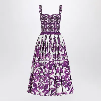 Dolce & Gabbana Dress With Purple Majolica Print In Cotton Poplin