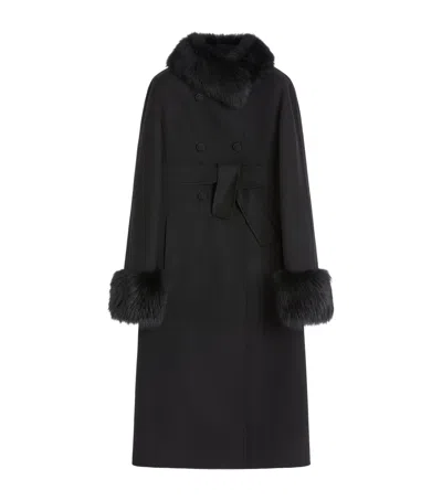 Valentino Faux Fur-trimmed Double-breasted Coat In Black