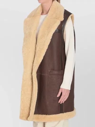 Bottega Veneta Calfskin Long Vest With Sleeveless Design In Brown