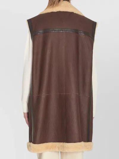 Bottega Veneta Calfskin Long Vest With Sleeveless Design In Brown