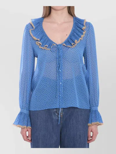 Valentino Polka-dots Silk Shirt With Lace Profile In Blue