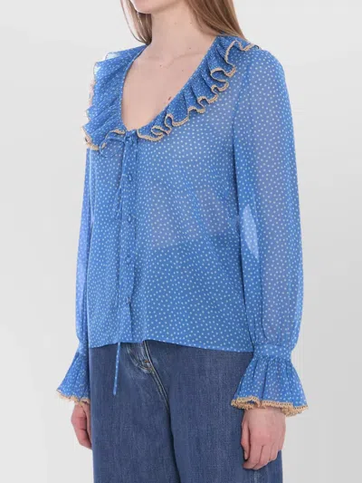 Valentino Polka-dots Silk Shirt With Lace Profile In Blue