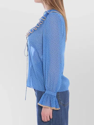 Valentino Polka-dots Silk Shirt With Lace Profile In Blue