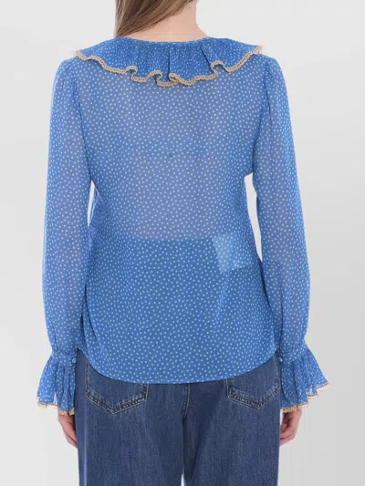 Valentino Polka-dots Silk Shirt With Lace Profile In Blue