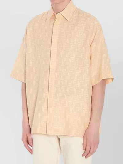 Fendi Men Yellow Shirt With Wide Short Sleeves And All-over Ff Motif In Linen Blend Man In Neutral