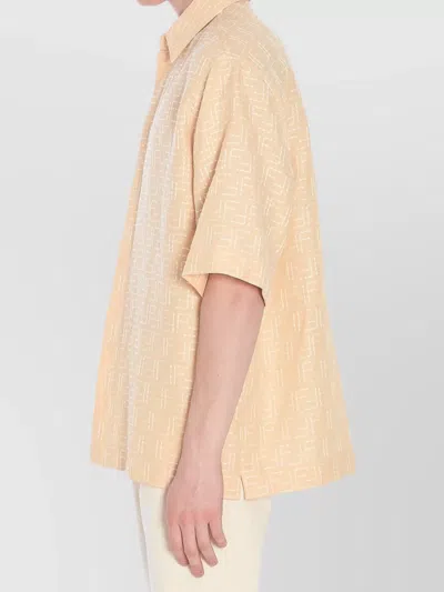 Fendi Men Yellow Shirt With Wide Short Sleeves And All-over Ff Motif In Linen Blend Man In Neutral