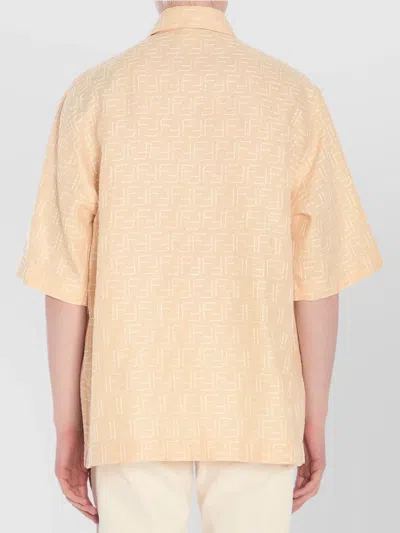Fendi Men Yellow Shirt With Wide Short Sleeves And All-over Ff Motif In Linen Blend Man In Neutral