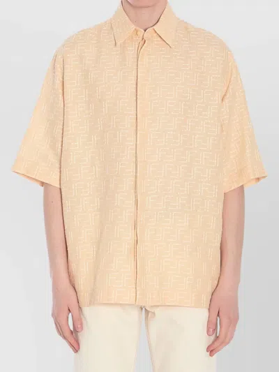 Fendi Men Yellow Shirt With Wide Short Sleeves And All-over Ff Motif In Linen Blend Man In Neutral