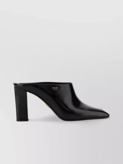 Prada Leather Block Heel Mules With Pointed Toe