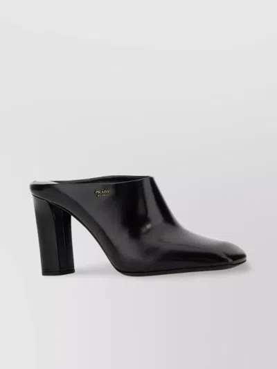 Prada Leather Block Heel Mules With Pointed Toe