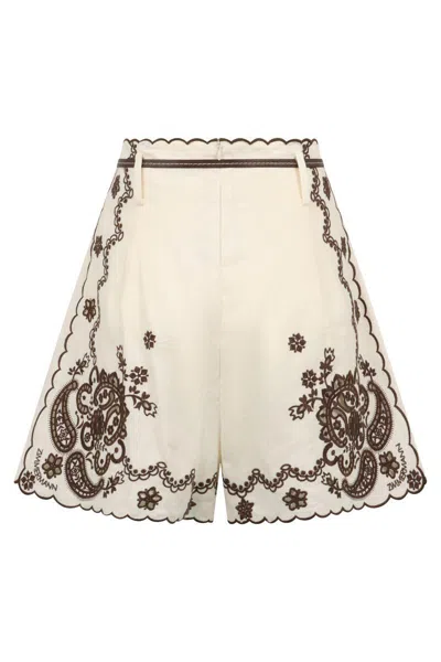 Zimmermann Womens Ivory Chocolate Ascension Embroidered Linen Shorts Xs In Neutral