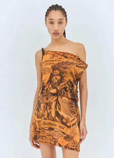 Acne Studios Off-the-shoulder Ruched Printed Stretch-mesh Mini Dress In Orange