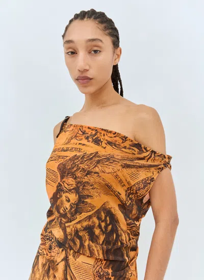 Acne Studios Off-the-shoulder Ruched Printed Stretch-mesh Mini Dress In Orange