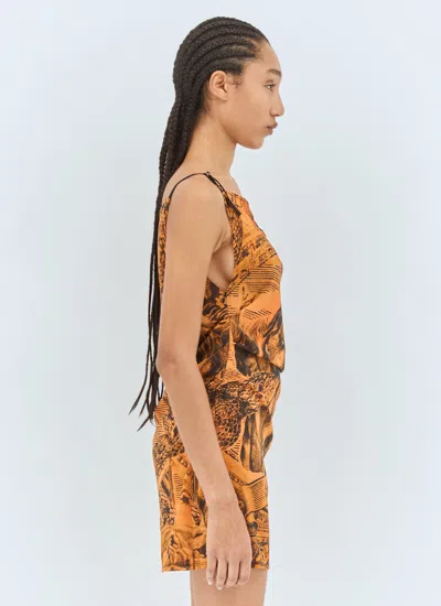 Acne Studios Off-the-shoulder Ruched Printed Stretch-mesh Mini Dress In Orange