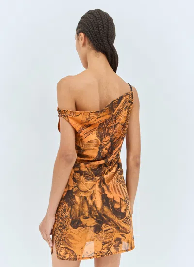 Acne Studios Off-the-shoulder Ruched Printed Stretch-mesh Mini Dress In Orange