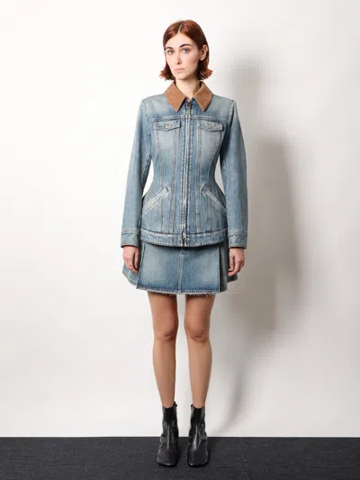 Alexander Mcqueen Corduroy Collar Peplum Denim Jacket Clothing In Blue